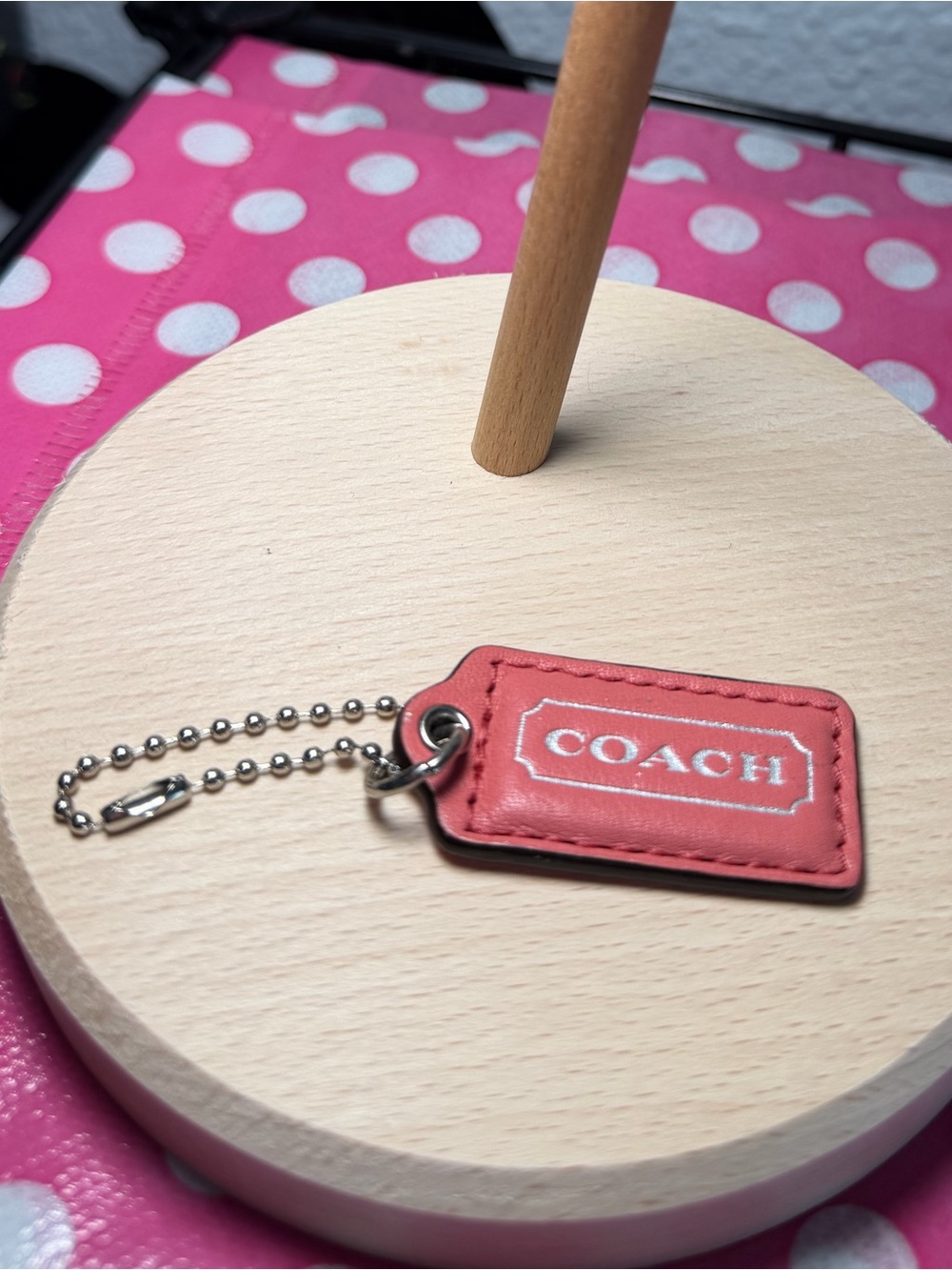 COACH Coral Pink Leather Hang Tag / Bag Charm with Silver Ball Chain